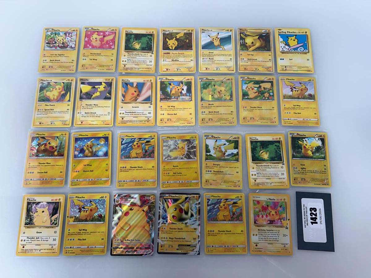 Lot 1423 - Approx. 27 Sleeved Pikachu cards from various...