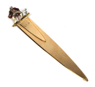 Lot 566 - A 14ct yellow gold bookmark the end decorated...