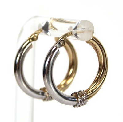 Lot 659 - A pair of 14ct two-colour gold ear hoops, l. 2....