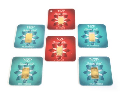 Lot 661 - Six NZP gold ingots: 3 x 0.05 gms 2 x 0.01 gms...
