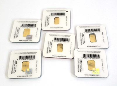 Lot 661 - Six NZP gold ingots: 3 x 0.05 gms 2 x 0.01 gms...