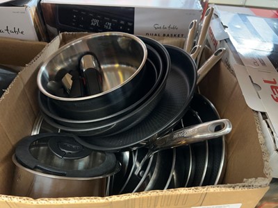 Lot 1100 - Box containing Henckels and Tefal pans amongst...