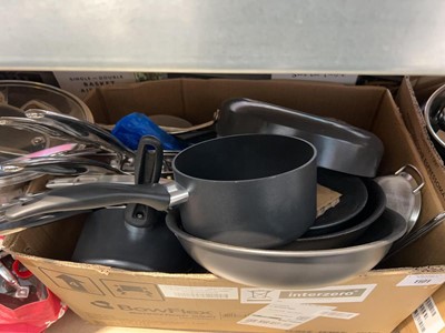 Lot 1101 - Box containing Henckels and other pans as well...