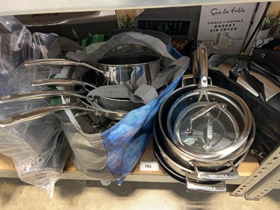 Lot 1103 - Pile of Henckels pans plus a blue bag...