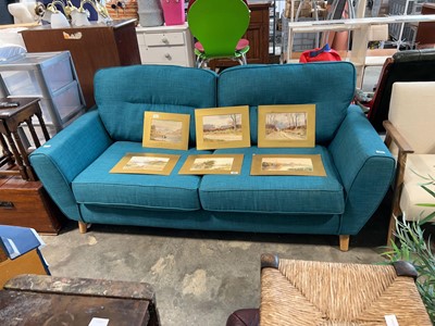 Lot 1783 - Modern teal fabric upholstered sofa on beech...