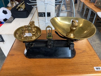 Lot 1856 - Set of black painted and brass weighing scales...