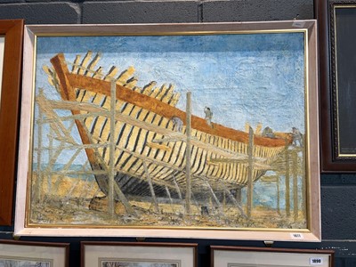 Lot 1877 - Framed painting of ship builders at work and 2...