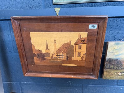 Lot 1898 - Village scene wood cut and an unframed oil on...