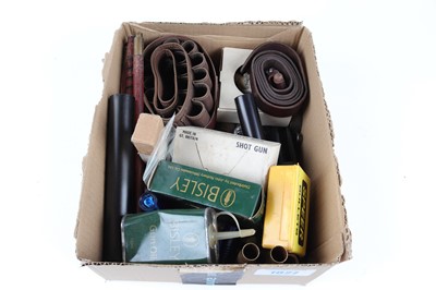 Lot 1027 - Box of shooting equipment inc. cleaning kit,...