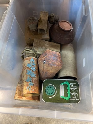 Lot 1664 - Clear box containing studio pottery, a brass...