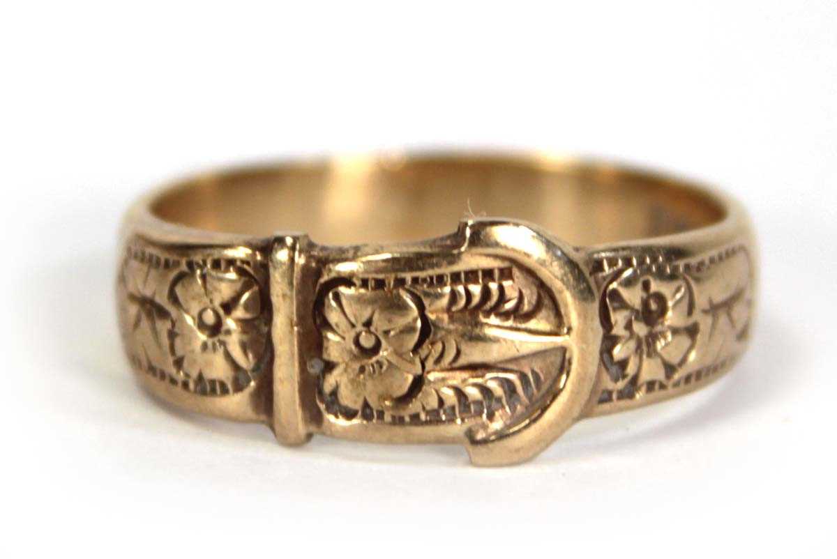 Lot 756 - A 9ct yellow gold buckle ring, Birmingham 1959,...