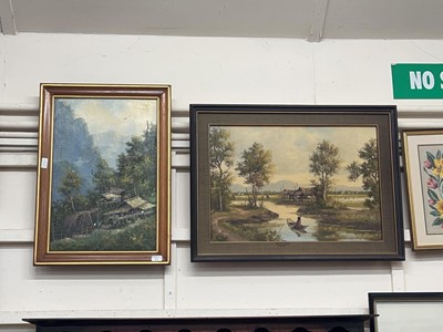 Lot 61 - A Two framed oil paintings of oriental river...