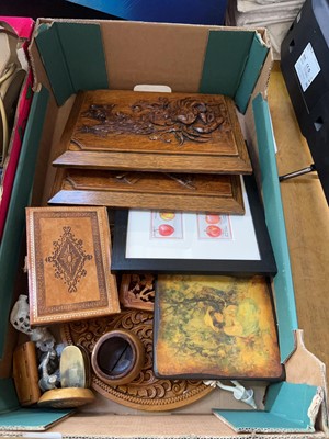 Lot 484 - A box of various carved wooden panels,...