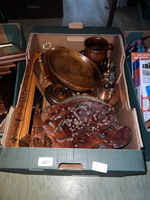 Lot 487 - A tray of various copper kettles, pans, wooden...