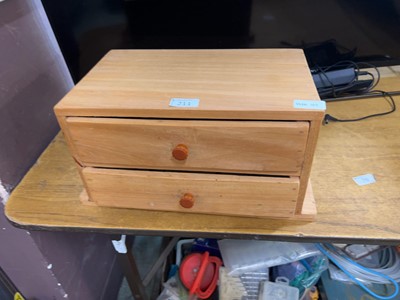 Lot 211 - A beech wooden two drawer toolbox with hand tools