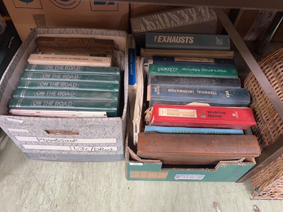 Lot 500 - Two boxes containing assorted car books and...