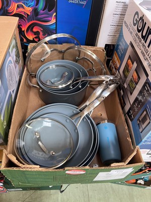 Lot 516 - A tray of assorted Greenpan saucepans, frying...