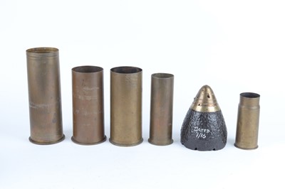 Lot 1164 - Five artillery brass cases inc. 3pdr dated...