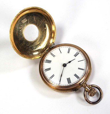 Lot 421 - An 18ct yellow gold half hunter fob watch, the...