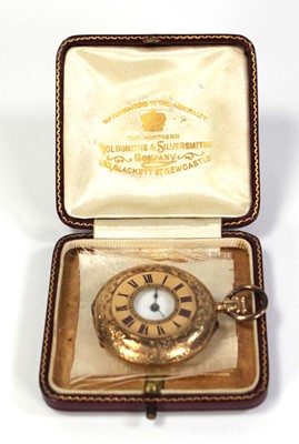 Lot 421 - An 18ct yellow gold half hunter fob watch, the...