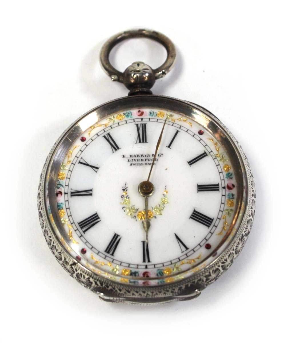 Lot 422 - A silver open face fob watch by E. Harris & Co....