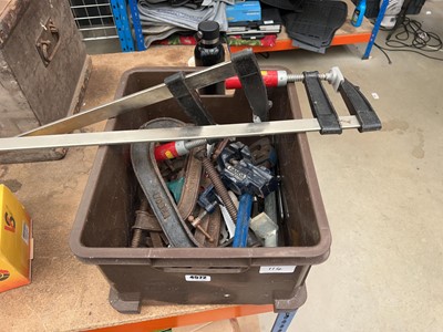 Lot 4572 - Plastic crate of clamps, vices, wrenches, etc