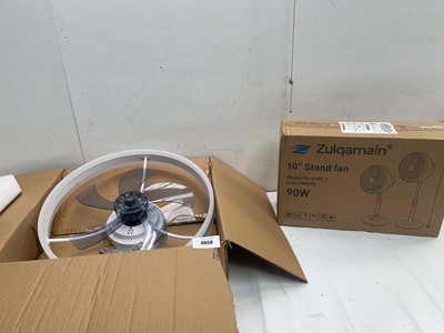Lot 3658 - Ceiling fan light fitting and 10" stand fan