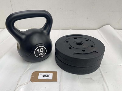 Lot 3680 - 10kg kettlebell and 2 5kg weight plates