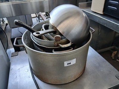 Lot 490 - Various pots, pans, saucepans and a bowl