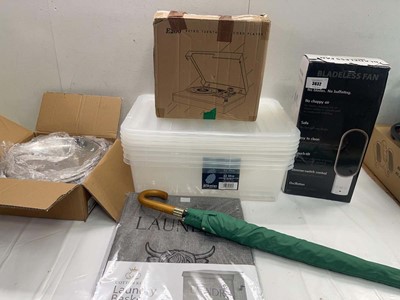 Lot 3832 - Tropic umbrella, Laundry basket, Bladeless fan,...