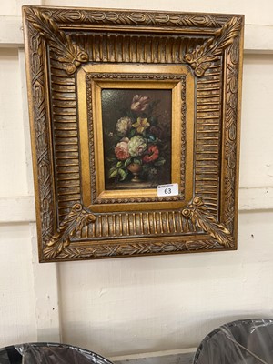 Lot 63 - An ornately framed still life painted on tile...