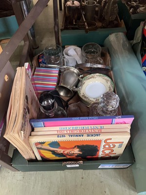 Lot 459 - A tray of assorted books, decanters, plates,...