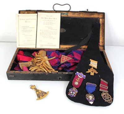 Lot 80 - A group of Masonic regalia including three...