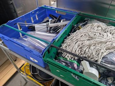 Lot 723 - Crate of utensils and crate of mop heads etc