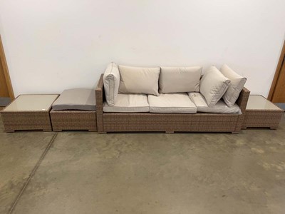 Lot 4241 - Brown rattan garden bench plus 2 coffee tables,...