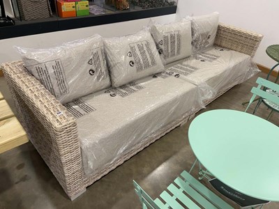 Lot 4245 - 2 rattan garden sofas with grey cushions