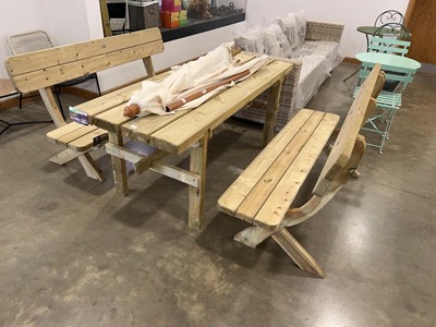 Lot 4246 - Zest wooden slatted garden table plus 2 benches