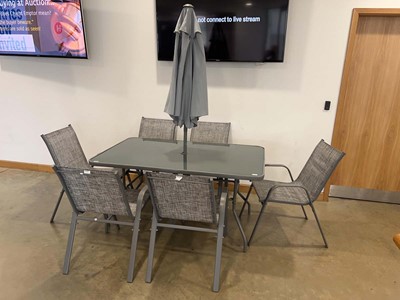 Lot 4250 - Glass topped grey metal framed garden table...