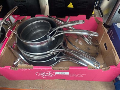 Lot 3043 - Tray containing Henckels pans with lids