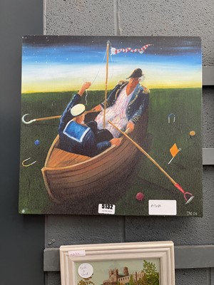 Lot 5132 - Comical oleograph - figures in rowing boat