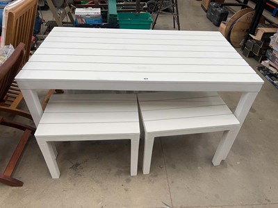 Lot 4511 - White plastic garden table with 4 matching stools