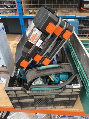 Lot 4596 - Crate of items inc. axle stands, cork gun,...