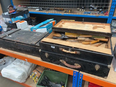 Lot 4598 - 3 wooden woodworking toolchests with items inc,...