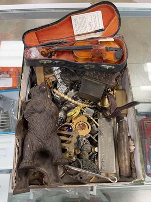 Lot 2378 - Box containing harmonica, miniature violin,...