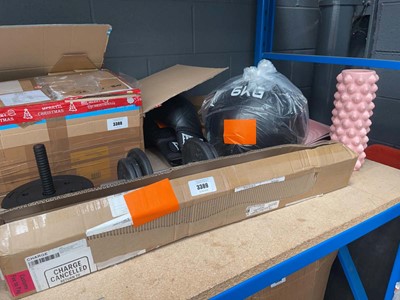 Lot 3389 - Lot containing yoga mat, boxing gloves, weight...