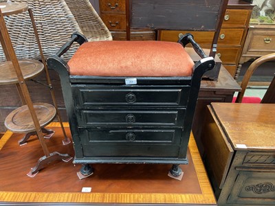 Lot 77 - Ebonized piano seat with 3 music drawers under