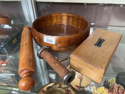 Lot 360 - Treen wooden bowl, rolling pin, money box etc.