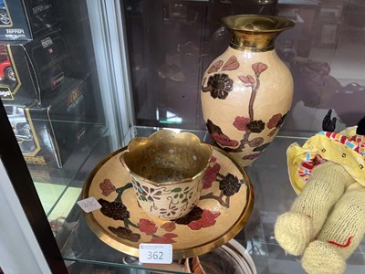 Lot 362 - 3 enammelled brass items including a vase, pot...