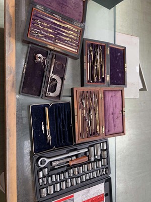 Lot 383 - Qty of technical drawing sets, micrometer and...