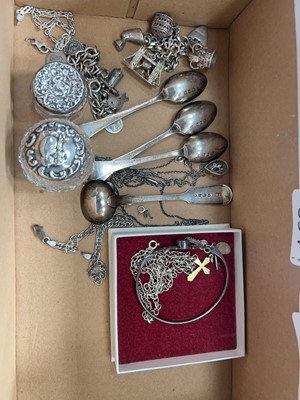 Lot 394 - Hallmarked silver spoons, white metal pots...